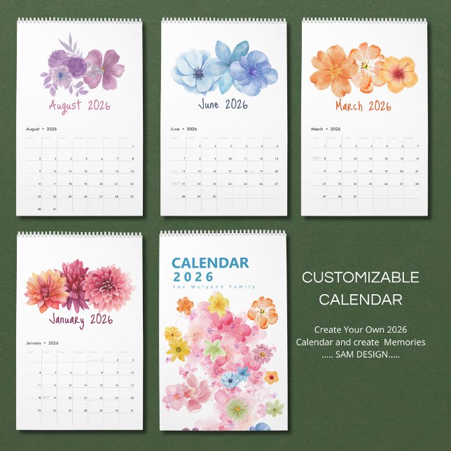 Calendário Watercolor Flowers 2026 Calendar | Elegant Floral  (Criador carregado)