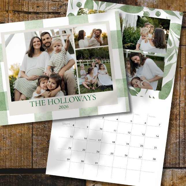 Calendário Watercolor Green Gingham Family Photo Calendar (Add a personal touch to your family calendar with this Green Gingham Family Photo Calendar!)