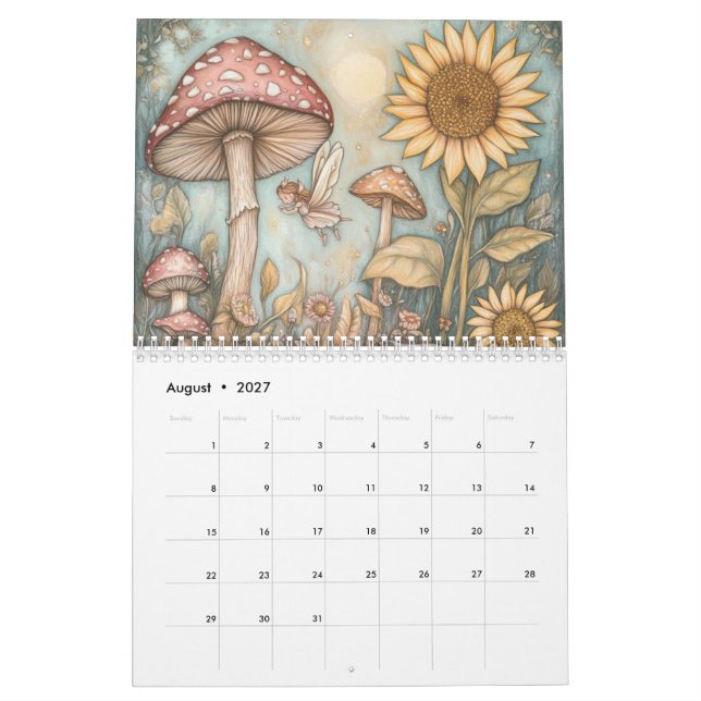 Calendário Whimsical Mushroom, Cogumelos (Ago 2027)