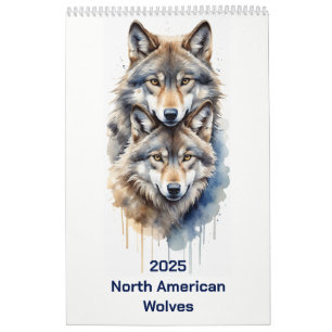 Calendário Wolf de Aquarela Animal Americana 2025