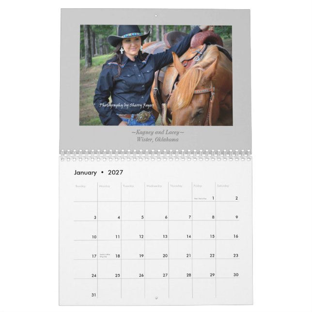 Calendário ~Women e seus cavalos de Oklahoma~ do sudeste (Jan 2027)