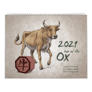 Calendário Zodíaco chinês 2021: Ano do Trabalho de arte de Ox