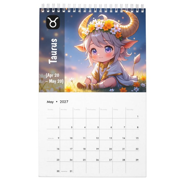 Calendário Zodíaco Cuta Chibi 2026 - Astrologia Ka (Maio 2027)