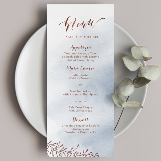 Caligrafia azul Dusty, menu floral rústico (Dusty blue calligraphy rustic floral wedding menu)