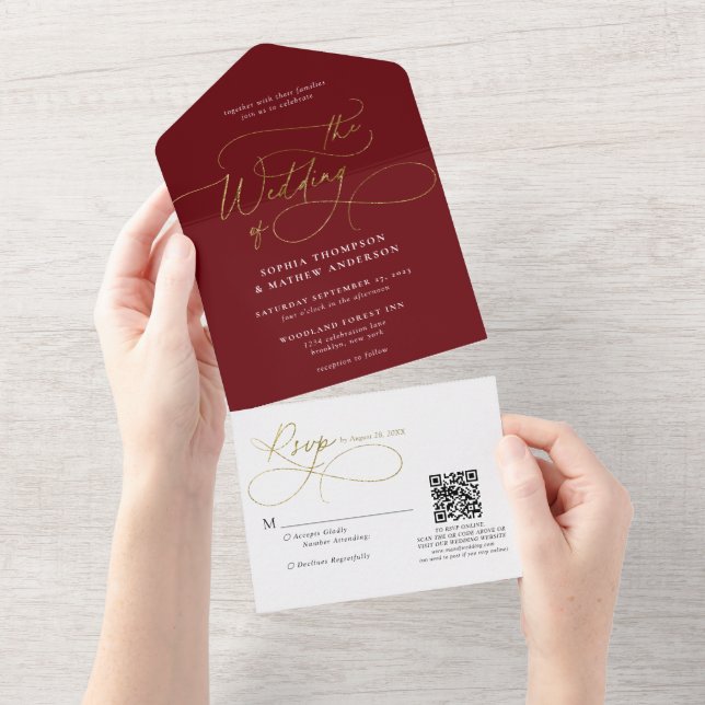 Caligrafia Casamento Código QR Borgonha Dourado (Aba destacável)