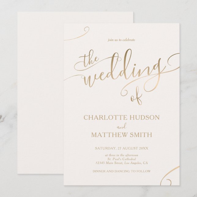 Caligrafia Dourada | Convite Para Casamento De Mar (Frente/Verso)