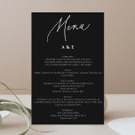 Caligrafia Menu Casamento Minimalista Preto<br><div class="desc">Visualize um menu de casamento minimalista que irradie elegância subestimada. O design incorpora simplicidade, apresentando um layout limpo e não embelezado. O cabeçalho do cardápio é apresentado com gosto em uma delicada fonte caligráfica, infundindo um toque de arte refinada. As informações textuais, incluindo os pratos cuidadosamente curados, são apresentadas numa...</div>