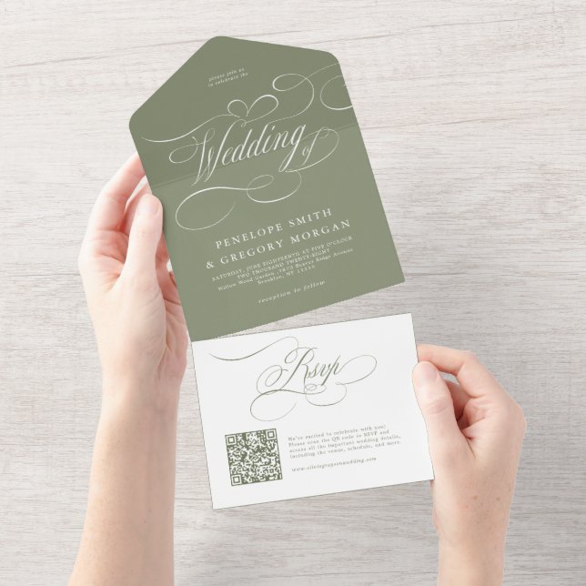 Caligrafia moderna atemporal Casamento QR verde Sa (Aba destacável)