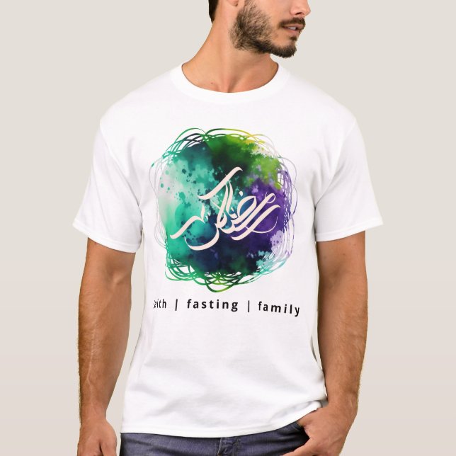 Caligrafia RAMADAN em Abstrato Watercolor T-Shirt (Frente)