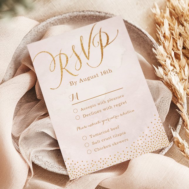 Caligrafia rosa ouro com brilho moderno RSVP (Modern glam blush rose gold calligraphy RSVP)