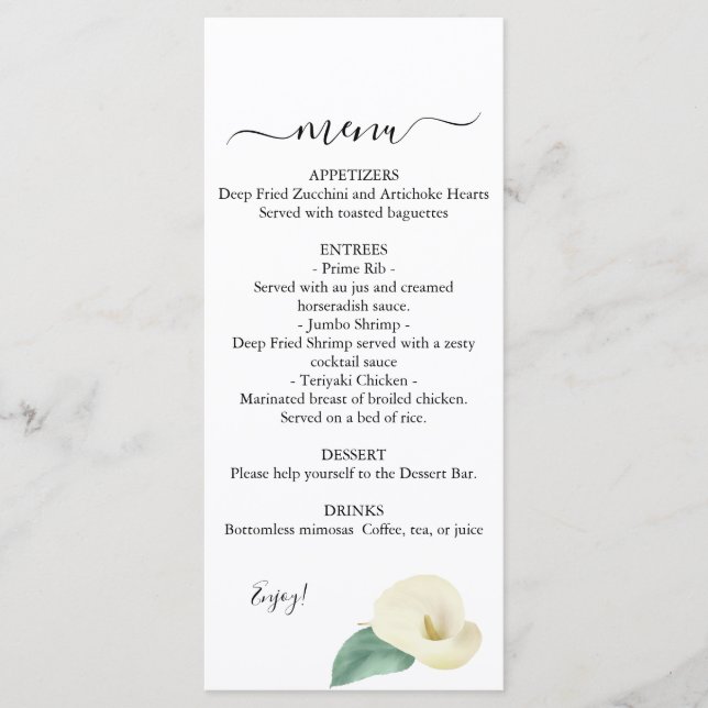 Calla Lily Greenery Menu de Casamento (Frente)
