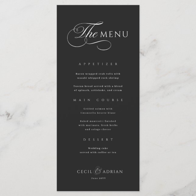 Calligraphic Elegant Black Wedding Menu (Frente)