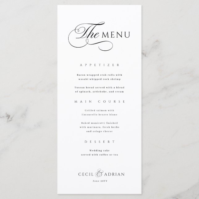 Calligraphic Elegant Black White Wedding Menu (Frente)