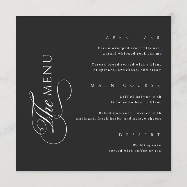 Calligraphy Elegant Square Black Wedding Menu (Frente)
