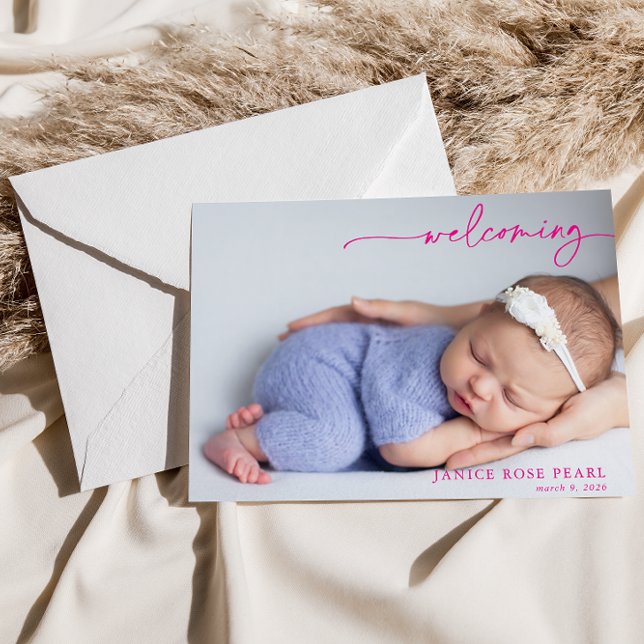 Calligraphy Pink Welcoming Baby Announcement card (Criador carregado)