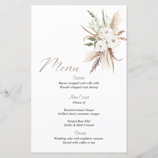 Calliografia Boho Beige Flor menu do casamento (Frente)