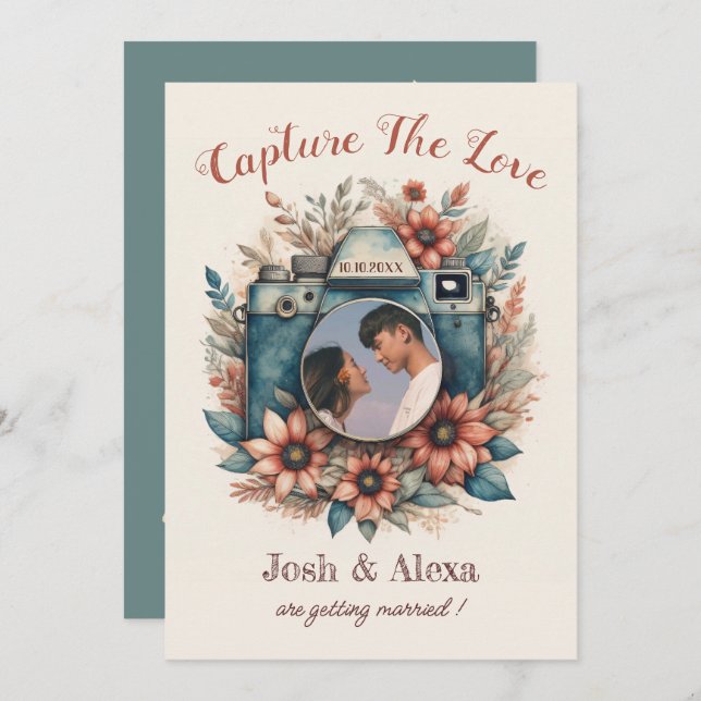 Câmera com convite para casamento floral (Frente/Verso)