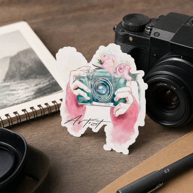 Câmera de Aquarela Com Adesivo de Flores Rosa (Watercolor Camera With Pink Flowers Sticker)