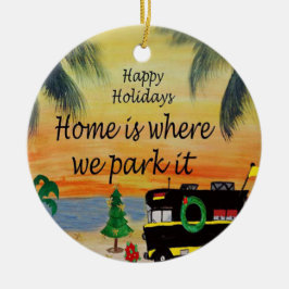 Câmera de Natal RV em ornamento por pôr do sol da