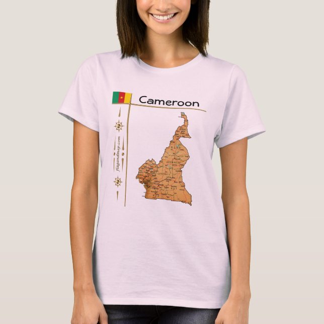 Cameroon Mapa + Bandeira + Título T-Shirt (Frente)
