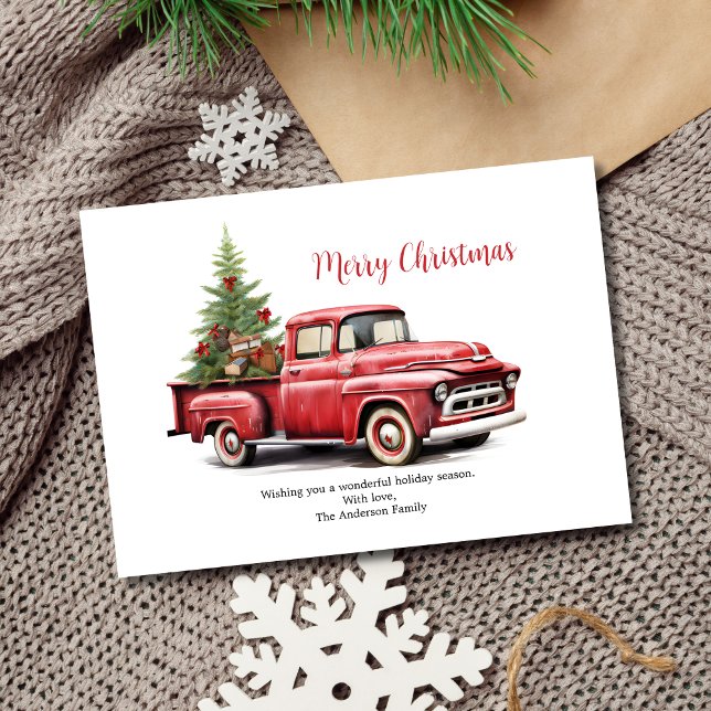 Caminhão de coleta vermelho com árvore no cartão d (Red Pickup Truck with Tree in back Christmas Holiday Card, Digital and Printed)
