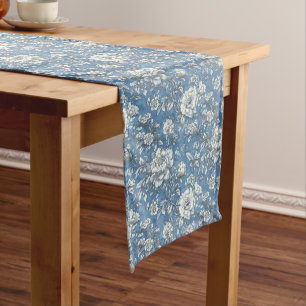 Caminho De Mesa Grande Arte Floral Azul Escrita Francesa