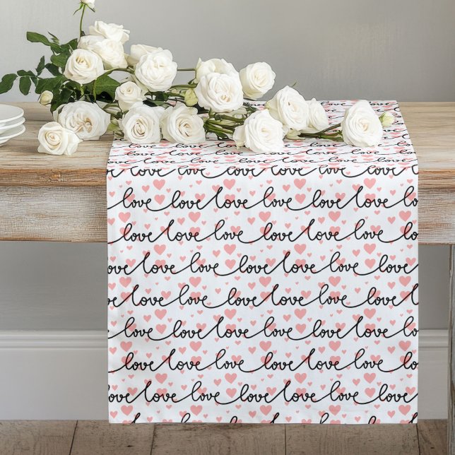 Caminho De Mesa Grande Chic Wedding Gift Pink Black Love Lettering Hearts (Pink Black Hearts Sketch Romantic Valentine Table Runner)