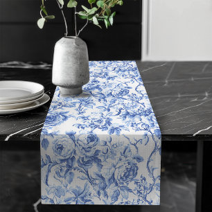 Caminho De Mesa Grande Corredor de Mesa Floral de Rosas em Toile de Jouy