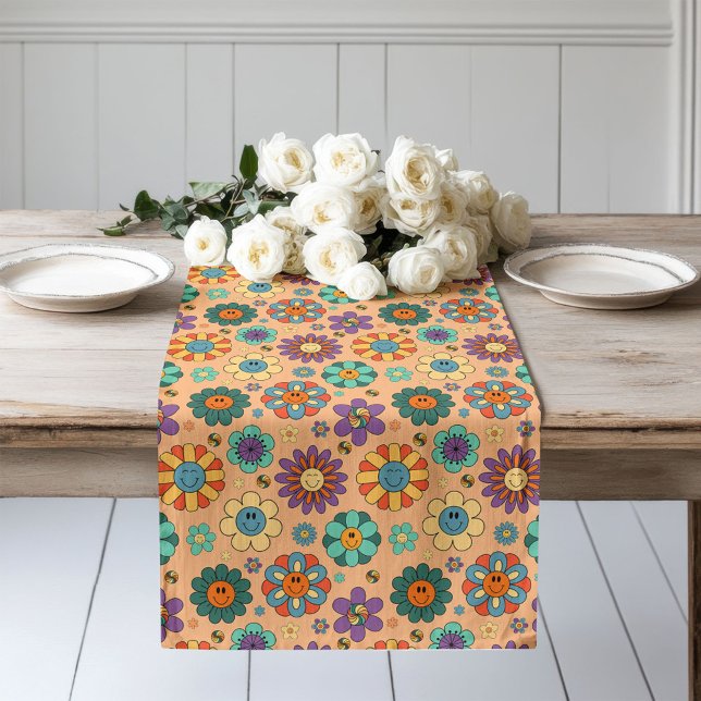 Caminho De Mesa Grande Corredor Floral Retro Acento de Jantar Pastel dos  (Retro Floral Runner 60s Pastel Dining Accent)