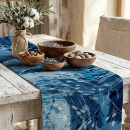 Caminho De Mesa Grande Elegante Folhagem Botânica em Cianotipia Azul e Br