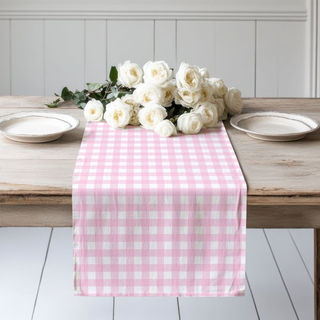 Caminho De Mesa Grande Estilo de Algodão do País Gingham Rosa Suave (Pink Plaid Checkered Runner Rustic Farmhouse Decor)
