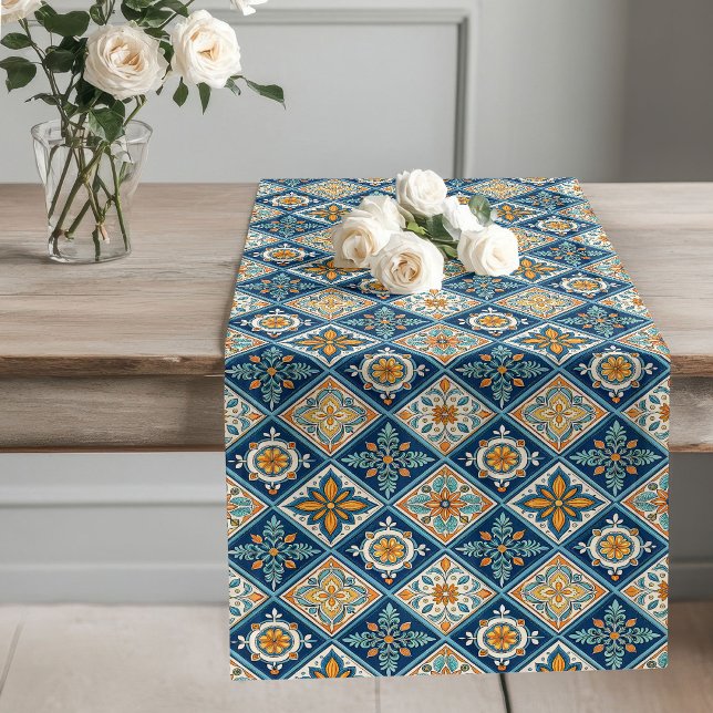 Caminho De Mesa Grande Eterno Azul e Azulejo Branco Limões Clássicos (Timeless Blue and White Tile Lemons Classic Look Long Table Runner)