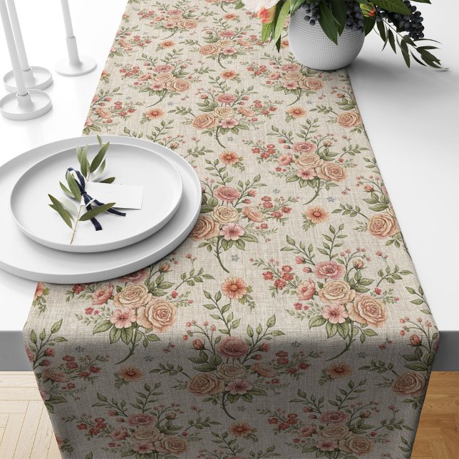 Caminho De Mesa Grande Florais Nostálgicos do Chique de Estilo Anterior (Antique-Style Shabby Chic Nostalgic Florals Long Table Runner)