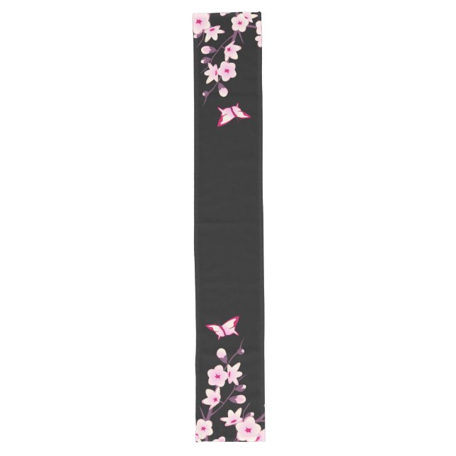 Caminho De Mesa Grande Floral Cerejeira Borboletas Borboletas Rosa Preto (Frente)