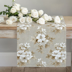 Caminho De Mesa Grande Flores brancas tons terrosos mesa moderna minimali