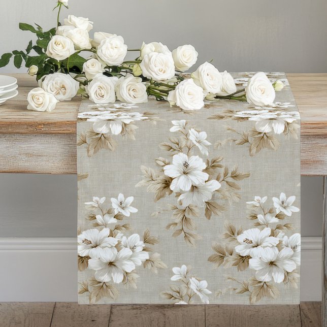 Caminho De Mesa Grande Flores brancas tons terrosos mesa moderna minimali (White flowers earthy tones minimalist modern table runner

)