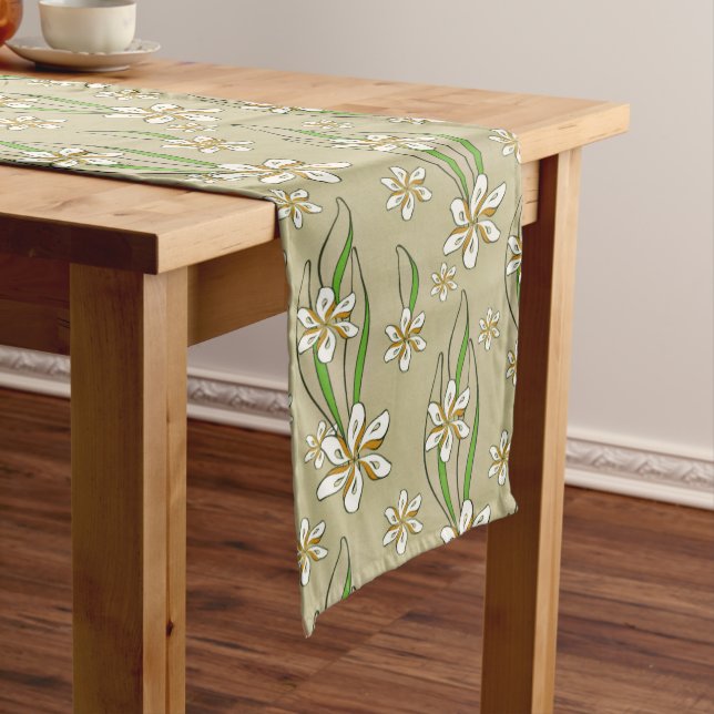 Caminho De Mesa Grande Fundo branco monograma floral bege (No Local)