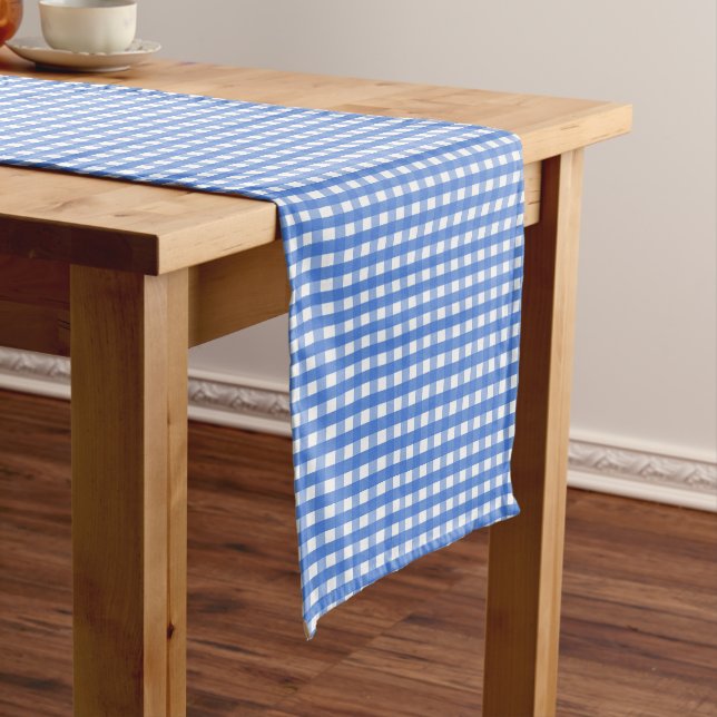 Caminho De Mesa Grande Gingham Branco e Azul Francês (No Local)