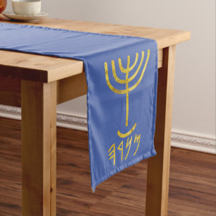 Caminho De Mesa Grande Mesa Menorah Runner Azul Dourado