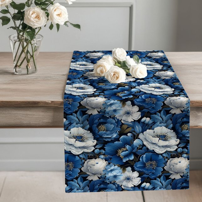 Caminho De Mesa Grande Navy Flowers Blue and White Table Runner (Navy Flowers Blue and White Table Runner)