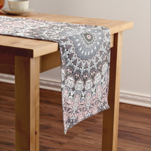 Caminho De Mesa Grande Padrão de Mandala Rosa Cinza e Branco