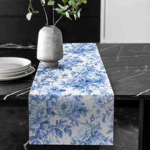 Caminho De Mesa Grande Pano de mesa floral de rosas em azul antigo à fran