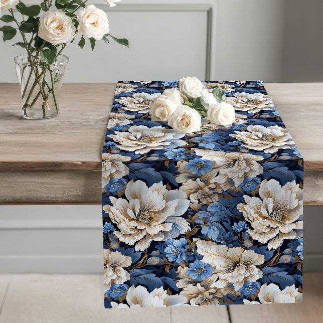Caminho De Mesa Grande Penteadeira de jantar elegante marfim com flores a (Blue Flowers Ivory Elegant Dining Table Runner)