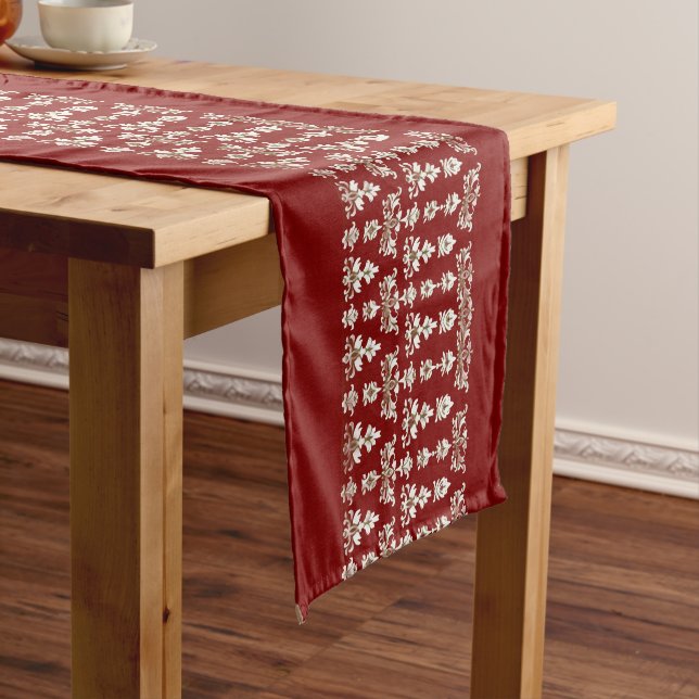 Caminho De Mesa Grande Red Table Runner with Elegant White Center Design (No Local)