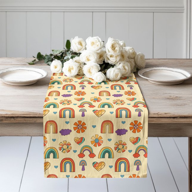 Caminho De Mesa Grande Retro Rainbow Runner 60s Pastel Vibe for Table (Retro Rainbow Runner 60s Pastel Vibe for Table)
