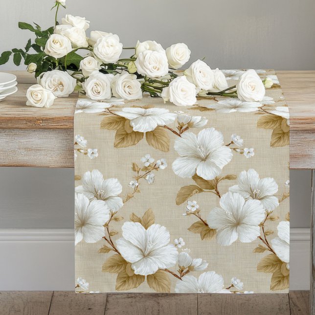 Caminho De Mesa Grande Toalha de Mesa Flores Brancas Boho Neutras (Boho Neutral White Flowers Table Runner)