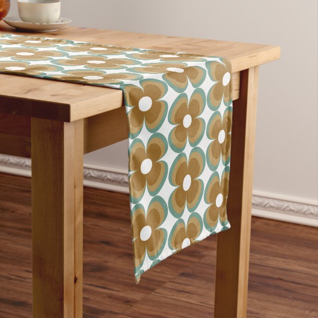 Caminho De Mesa Grande Trendy Teal Caramel Retro Groovy Flowers Seamless (No Local)