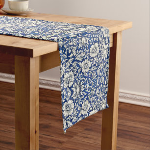 Caminho De Mesa Grande William Morris Mallow Flowers Floral Azul Branco