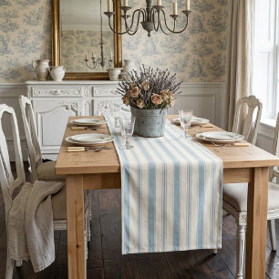 Caminho De Mesa Médio Azul Vintage e Listras de Creme País Francês