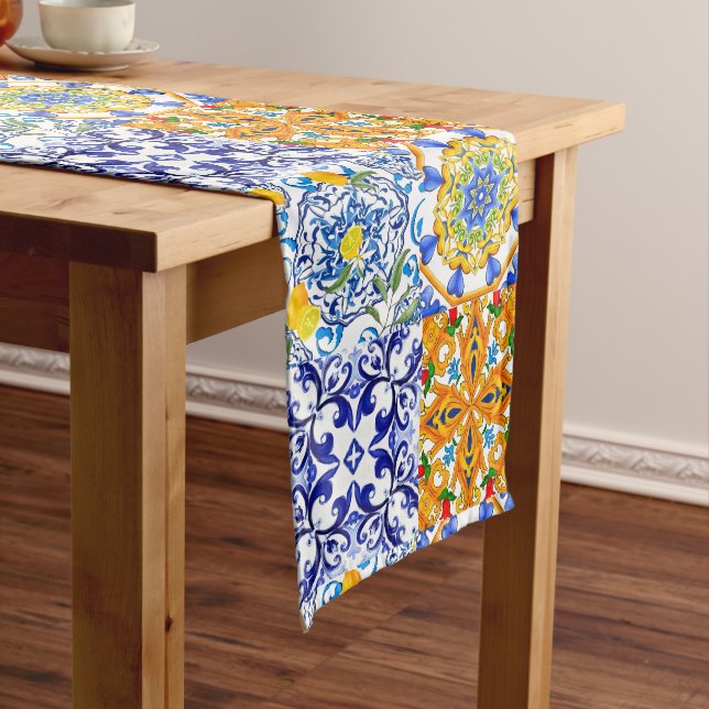 Caminho De Mesa Médio Azulejos azuis, Siciliana, majolica, arte mosaica, (No Local)